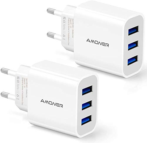 Amoner Cargador Rapida 15W 3 Puertos (2 Piezas) USB Múltiple Enchufe Compatible con iPhone 15 14 13 12 11 XS MAX XR Pro MAX Plus Mini SE 8 7 6 5, Samsung, Xiaomi, OPPO, Huawei, Google