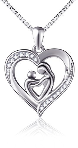 Mutter und Kind Lieben Herz Anhänger Halskette 925 Sterling Silber mit Zarten Zirkonia 18 Geschenke für Mama Oma Damen Frauen Muttertagsschmuck Geburtstagsgeschenke (Mutterliebe)