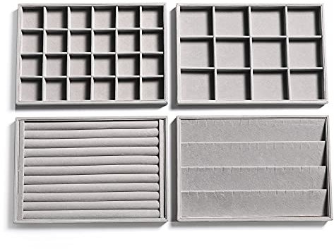 Frebeauty Stapelbare Samt-Schmuck-Organizer-Ablagen für Schubladen Einsätze Schmuckaufbewahrung Vitrinen Ohrstecker Armbänder Halsketten Ringe Zubehör Tabletts für Frauen(4er-Set,Grau)