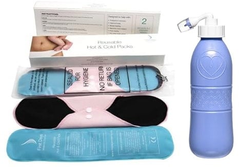 First Days Maternity Peri Bottle and Reusable Hot and Cold Gel Packs Duo, Postpartum Essentials, Easy-to-Use, 2 Gel Pads with Sleeves and a Blue Peri Bottle
