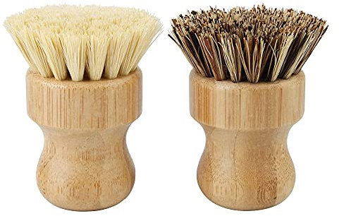 Shiwaki 2 Pcs Bamboo Dish Scrub Brush, Natural Scrub Cleaning Brush Vegetable Brush for Dishes Cast Iron Pots Pans, Used in Bathroom Kitchen Sink Household Cleaning