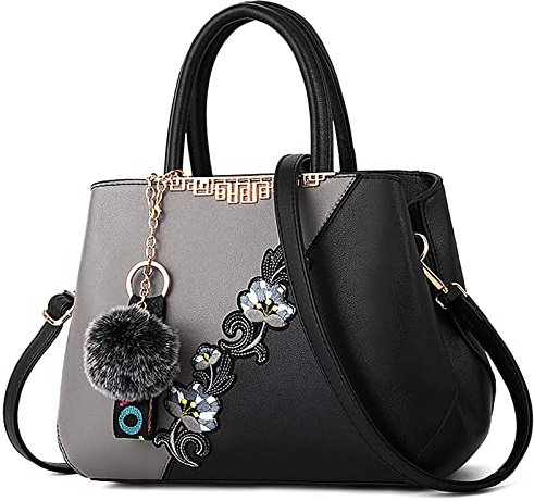 DIRRONA Handtasche Damen Groß – Umhängetasche & Tote Bag mit Blumenstickerei und Pom-Pom-Dekoration, ideal für Arbeit und Freizeit, Reisen oder Urlaub, Büro sowie Abendanlässe und Hochzeiten
