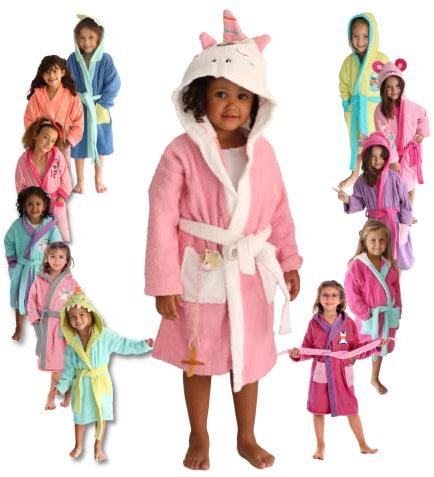LEBENGOOD - Peignoir Filles Coton: Fille, Enfant - 100% Coton OEKO-TEX® - 2 Poches, Ceinture, Capuche, Peignoirs en peluche très doux avec broderies pour filles (6-8 Sleeppy)