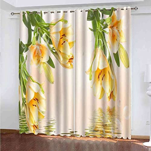 XXXXAWA 3D Yellow Oleander Flower Blockout Curtains for Living Room Bedroom Eyelet Curtains 2 Panels Opaque Curtains Thermal Insulated Noise Reducing Blockout Window Drapes