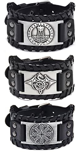 Sehaby 3 Stücke Mittelalter Leder Armbänder Schwarz Viking Thor's Hammer Leder Armbänder Fliegende Drachen Vintage Armbänder Nordic Irish Manschette Armbänder für Frauen Männer, One Size, Metall Leder