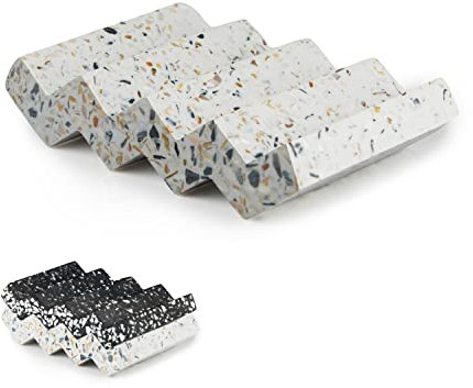 Tapeera Jesmonite Terrazzo Seifenschale – Schnell Trocknend Seifenhalter Seifenbox Seifenablage für Badezimmer Dusche Küche – Seifenhalterung Schwammhalter Stein Optik – Weiß