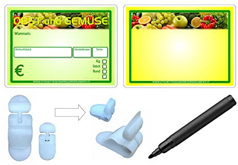 30 Preisschilder für Obst und Gemüse Plastikkartenhalter Lebensmittelrecht + 30 Halterungen + 1 ungiftig Marker (8,3x11,3 cm)