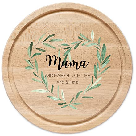 wunderwunsch - Individuelles Holzbrett mit Hochwertigem UV-Farbdruck - Rundes Holzbrett mit Name - Personalisiertes Brotzeitbrett für Mama, Papa, Oma oder Opa (Loorbeerherz)