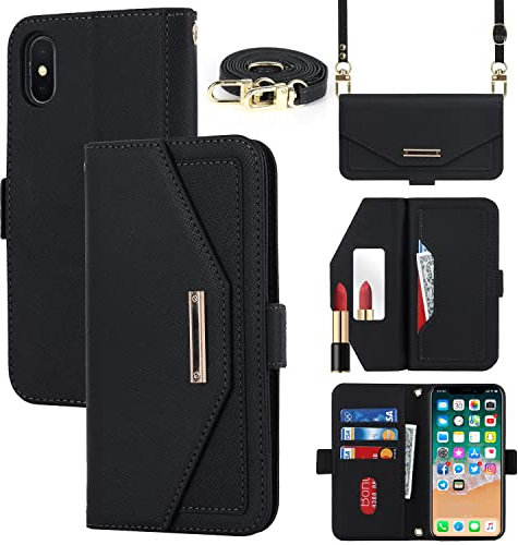 CAVOR Handykette iPhone X/XS Hülle Mit Band, Flip Leder Geldbörse Handyhülle, [Spiegel] [5 Kartenfächer] [Magnetverschluss], Klapphülle Schutzhülle - Schwarz