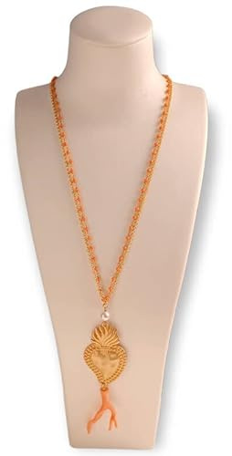 Collana Lunga a Catena con Cuore Sacro e Ramo di Corallo Rosso in Resina