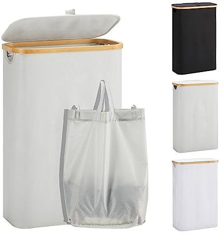 YOUDENOVA Wäschekorb mit Deckel 48L Wäschesammler schmal mit Wäschesack faltbarer Wäschesortierer Holz Bambus Wäschetruhe hoch Laundry Baskets, Grau