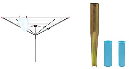 Vileda 4 Arm Rotary Dryer, Outdoor Clothes Airer with 45m washing Line, Silver & JVL Heavy Duty Multi Fit Ground Soil Spear Spike with Adaptor to fit 32, 38, 50 MM Diameter Poles, Silver, One Size