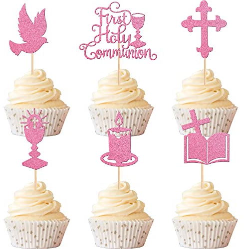 Xsstarmi 36 PCS First Holy Communion Cupcake Toppers Pink Glitter God Bless Dove Cross Cupcake Picks First Communion Cake Decorations for God Christian Baptism Theme Baby Shower Birthday Party