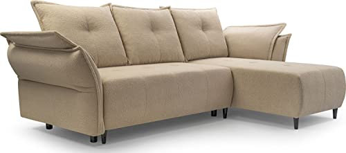 WFL GROUP Ecksofa - Samt Schlafsofa mit Bettkasten - 3 Sitzer Sofa - Couch mit Schlaffunktion Bettfunktion L-Form mit Ottomane - Rechts - Beige