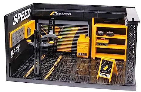 F Fityle 1/24 Simulazione Garage Display Vetrina Modello di Scenario con luci a LED Modello di Negozio di Riparazione Fai-da-Te per Sand Table Micro Landscape, Senza Bordo