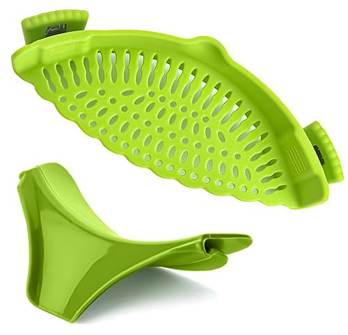 AEX Clip-on Strainer Silicone Colander - Multifunction Cooking Strainer for Vegetable, Noodles, Bowl - Home Kitchen Gadgets with Soup Funnel for Pan - Essential Kitchen Tools & Gadgets - Green
