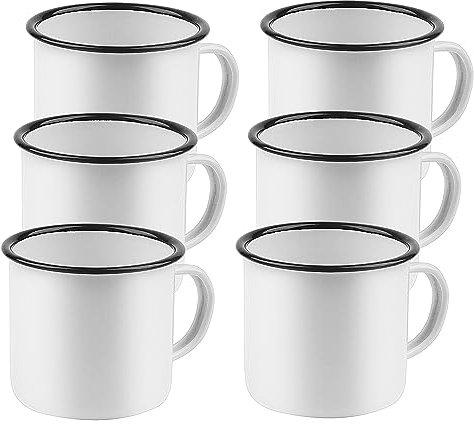 KEILEOHO 6 PCS 350ml Enamel Mug, 12oz Enamel Tin Mug, White Blue Enamel Mug for Coffee Birthday Gift