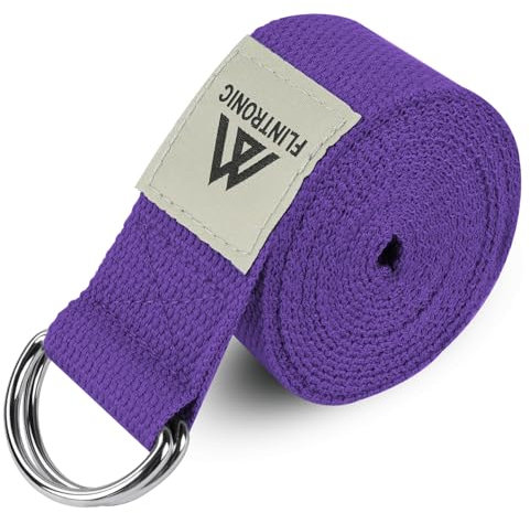 flintronic Yoga Cinturon, Natural Correa Yoga Algodon, con Hebilla Metal D-Anillos, para Principiantes y avanzados, Ejercicios de Estiramiento, Fitness, Pilates - Púrpura (185 x 3.8 cm)