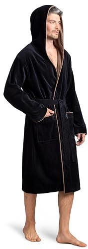 Twinzen Bademantel Herren Frottee Velour Schwarz - Baumwollsamt Morgenmantel - Baumwollvelours OekoTex Extra Weich Größe L