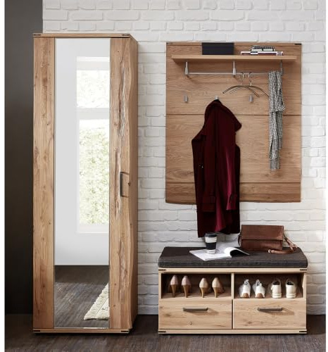 Lomadox Garderoben-Set mit Garderobenschrank und Sitzbank in braun | Flurgarderobe in Wildeiche teilmassiv