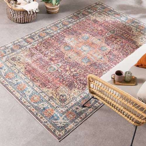 FRAAI | Home & Living In- & Outdoor Teppich Vintage - Kairo Medaillon Bordeaux - Wetterfest - Polyester - Flachgewebe - Wohnzimmer, Esszimmer, Balkon, Garten/Terrasse - Terrasse - Rug