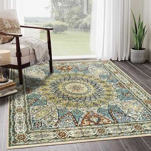 Rururug Quadratischer Teppich 200x200 cm Vintage Wohnzimmer Groß, Kurzflor Waschbar für Schlafzimmer, Esszimmer, Kinderzimmer Beige, Gelb, Braun