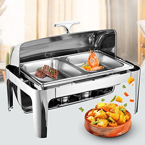 KEESUNG 9L Chafing Dish mit Rolldeckel, Edelstahl Warmhaltebehälter Warmhaltegerät mit Rolldeckel Großes Fassungsvermögen mit 2 Brennpastenbehälter für Restaurants, Buffets, Schulen, Silber