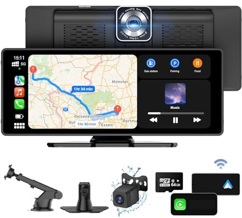 【2024 Verbessert】 Goaanz Wireless A-pple Carplay & Android Auto, 9.3 Zoll Tragbares Autoradio Carplay Mit 4K Frontkamera,1080P Rückfahrkamera, Autoradioempfänger, GPS, Siri, FM,AUX,SD-Karte