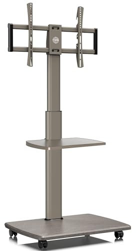 FITUEYES Soporte TV Ruedas Gris para Pantallas de 32 a 70 Pulgadas con Base Madera,MAX VESA600*400mm,Soporte de TV con Ruedas con Giro de Placa,Ajuste de Altura,Gestión de Cable,con Estante