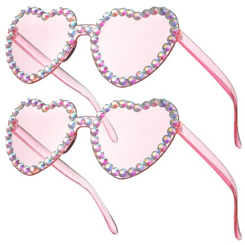 Fiada 2 Paar Herz Sonnenbrillen Herzförmige Brillen Lustige Partybrillen für JGA Hochzeit Fasching Kostüm Farbige Randlose Sonnenbrillen für Frauen (Stilvoll, Rosa)