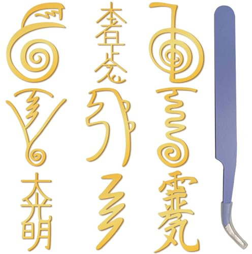 craspire 9 Stück Reiki-Symbol-Aufkleber, Goldene Metallaufkleber Mit Pinzette, Orgonit-Aufkleber, Religiöses Thema, Wasserdicht, Selbstklebend, Dekorationsaufkleber, Abziehbilder Für Sammelalben