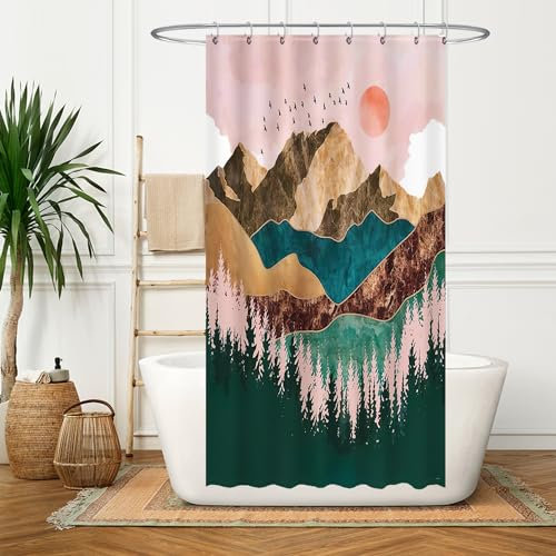 Ulticool Duschvorhang - Natur Sonne Berge Bohemian - 120 x 200 cm – Waschbar – Anti Schimmel - Wasserdicht - mit 8 Ringe - Grün Rosa Braun