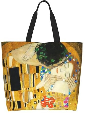 VVCPVDXCI Custom Klimt Kiss Einkaufstasche aus Segeltuch, für Damen, Recycling, große Kapazität, Einkaufstasche, Einkaufstasche, Schwarz , Medium