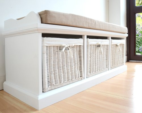 Tetbury White Storage Bench with 3 Wicker Baskets | Fully Assembled Shoe Storage 3 Seater Hallway Bench | W112cm D40cm H46cm (white - B)
