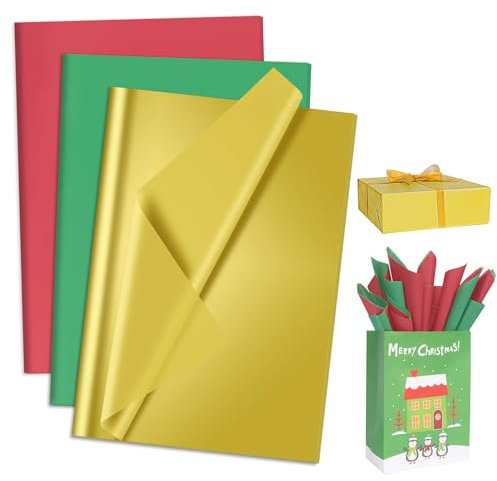Larcenciel Seidenpapier Weihnachten, 60 Blatt Bunt Seidenpapier Verpackungsmaterial für Geschenktüten, Glitzer Gold Rot Grün Seidenpapier zum Basteln, Transparentpapier für Neujahr Party, 50×35CM