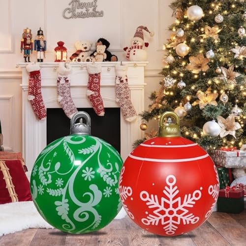 KAHEIGN 2 Piezas Bolas Inflables Gigantes de Navidad, 60CM Roja Verde Bola Decorativa Inflable Adorno Navideño de PVC para Navidad Interior Exterior Hogar Jardín Césped Patio Porche Decoración