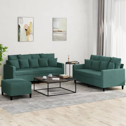 Willood 3-TLG. Sofagarnitur Mit Kissen & Fußhocker Dunkelgrün Samt,Sofa geeignet für Wohnzimmer, Sofa Set, mit Armlehnen und Kissen