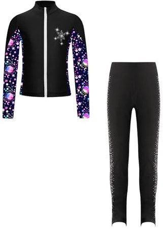 FEESHOW Kinder Mädchen Eiskunstlauf Anzug Glitzer Strass Bedruckte Jacke Eiskunstlauf Hose Set Wettkampf Workout Sport Outfit Skating Suit Schwarz 146-152