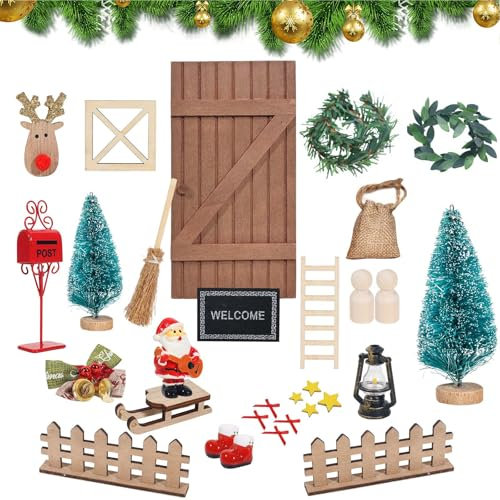 DOBWGXZ 30 Piece GNOME Door Set, Wichtel Zubehör Weihnachten, Wichtel Zubehör mit Weihnachtsmann und Schlitten, Weihnachtsdekoration, Kinderzimmer Dekoration für Weihnachten (Braun)