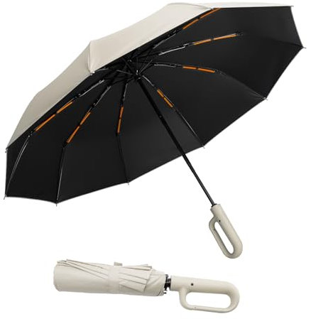 Cooloutdoors Regenschirm Sturmfest für Regen, 10 Rippen, Freien UV Schutz Faltender Sonnenschirm, Automatik regenschirm, Karabinergriff für Herren und Damen-Beige