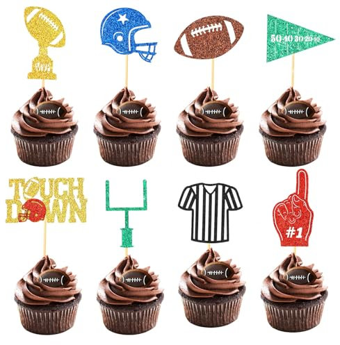 SANNIX 48pcs Glitter Football Cupcake Toppers (8 Designs) for Football Party Decorations Supplies, Cake Decorations Party Favors for Sports-Themed Birthdays