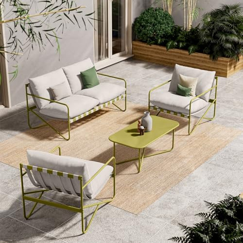 Grand patio Gartenmöbel 4er Set, Balkonmöbel Set 4 Personen mit Kissen, Lounge Möbel Outdoor mit Gartensofa, 2 Sessel, Tisch, Terassenmöbel Sitzgruppe Loungemöbel für Garten, Außen, Drinnen (Grün)