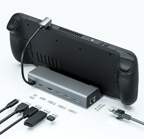 Steam Deck Dock - Docking Station 6 in 1 con HDMI, USB-C, USB 3.0, Gigabit Ethernet - Accessori compatibili per Valve Steam Deck - Docking station portatile per gaming e streaming