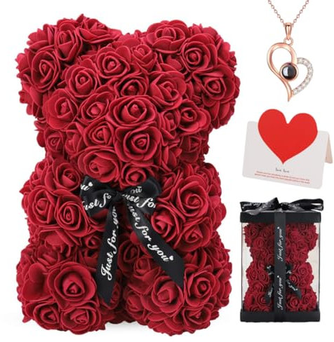 Rosen-Teddybär Geschenk, 25 cm Künstliche Blume Rose Teddybär mit Geschenkbox, für Jahrestag, Valentinstag, Hochzeit, Geburtstag, Romantisches Geschenk für Sie (Burgundy)