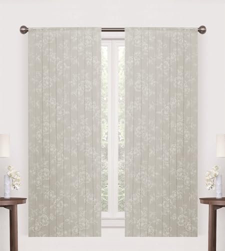 ART Clara Tendine per Finestra e Porta Finestra, 60x150 / 240 cm, 2 Pezzi, Tessuto Linone Semitrasparente con Stampe Floreali Bianche, con intagli (ECRU, 60 X 150 CM)