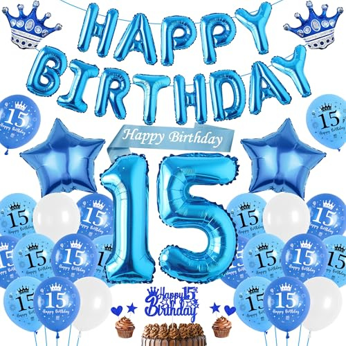 Luftballon 15. Geburtstag Deko Junge Blau, Happy Birthday Banner Ballons XXL Zahl und Stern Kronen Folienballon, Tortendeko Schärpe für Kinder Geburtstagsdeko 15 Jahr Jungen Mädchen Teenager