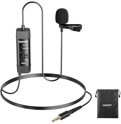 NEEWER Microfono Lavalier TRRS 3.5mm Plug e Play,Mini Mic a Condensatore Omnidirezionale a Clip per Fotocamera Telefono PC, Taglio Bassa Frequenza Controllo Guadagno Jack per Cuffie Monitoraggio, CM10