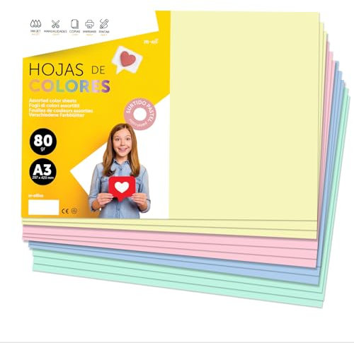 Buntes Papier A3 80g für Drucker & Basteln, Farbige Blätter für Kinder, Kreativprojekte, Karten & Schule M-office (50 Blatt, Sortiert Pastell)