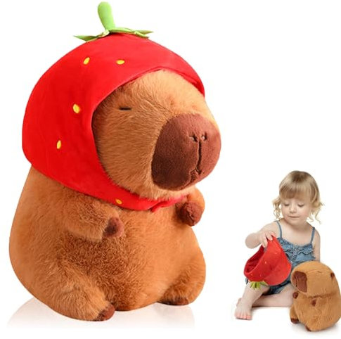 VIDSTW 23 CM Capybara Peluche Capibara Peluche Suave con Sombrero de Fresa Realista Juguetes Lindos Diseño Tridimensional para Juguetes Infantiles, Decoración de Muebles (Versión Fresa)