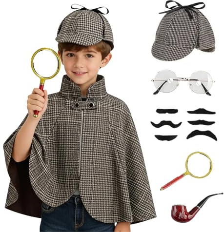 maxToonrain Kinder Detektivkostüm Jungen und Mädchen Viktorianische Kostüme mit Umhang, Detektivhut, Lupe, Brille, Schnurrbart & Smaking Pfeife, perfekt für den Welttag des Buches, Halloween